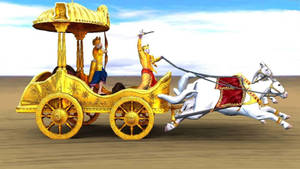金色戰車與兩匹白馬在沙漠中奔馳。 — 神 壁紙