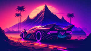 霓虹跑車夜間停在沙漠中，有山脈和棕櫚樹，在發光的太陽下。 — 酷車 壁紙