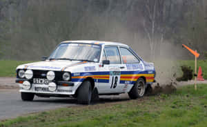 Rothmans 拉力賽車在森林中的泥路上奔馳，帶有橙色旗幟 — Steam Deck 壁紙