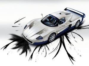 白色和藍色的Maserati MC12超級跑車，帶有黑色筆觸效果。