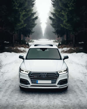 白色奧迪SUV在積雪森林道路上，有樹木和明亮光線 — Audi R8 GIF 壁紙
