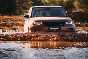 米色Land Rover Discovery在森林環境中行駛於泥水中。 — MacBook Pro 14 壁紙