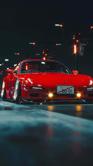 夜間濕漉漉的城市街道上停放的紅色跑車，帶有發光的霓虹燈。