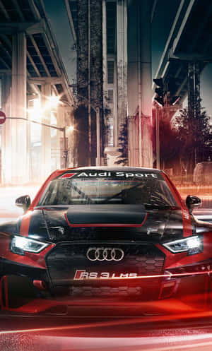 紅色 Audi RS 3 LMS 賽車在夜晚伴隨霓虹光芒疾馳於城市天橋下。 — Galaxy Tab A 壁紙