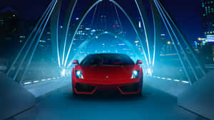 夜間燈火通明的橋上的紅色跑車與城市燈光。 — 蘭博基尼 壁紙