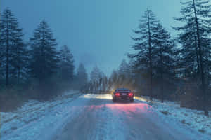 紅色汽車在黃昏時分行駛在穿過松林的白雪道路上。 — 暮光 壁紙