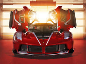 日出時車庫內一輛紅色法拉利 LaFerrari Aperta 打開鷗翼車門。 — 4K 法拉利 壁紙