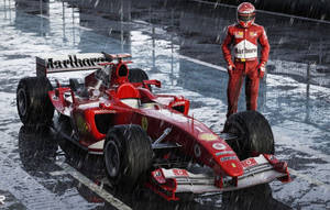 紅色法拉利F1賽車和車手在暴雨中站在濕滑賽道上。 — 4K 法拉利 壁紙
