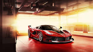 紅色法拉利超級跑車停放在陽光普照的車庫中，伴隨著金色光線。 — 4K 法拉利 壁紙