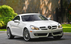白色 Mercedes-Benz SLK 停泊在車道上，背景有綠色灌木叢和石牆。 — 汽車 壁紙
