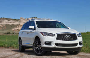 白色Infiniti SUV停泊在碎石上，靠近草地和岩石懸崖，藍天之下。 — Surface Pro 壁紙