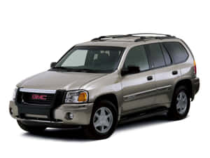 銀色GMC Envoy SUV，配備車頂行李架和鍍鉻細節，背景為白色。 — 低飽和度 壁紙