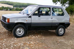 銀色和黑色的Fiat Panda 4x4停在碎石上，背後有綠色山丘和樹木。 — 熊貓 壁紙