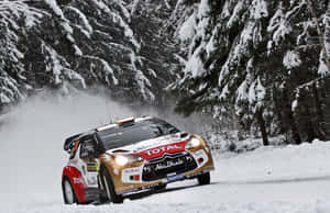 拉力賽車在雪地森林中奔馳，激起雪霧 — MacBook Pro M4 壁紙