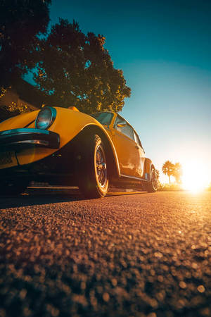 金色日落時分，黃色復古甲蟲車停在路上，旁邊有棕櫚樹。 — 汽車 壁紙