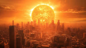 一顆巨大的太陽主宰著密集城市天際線之上的橙色天空。