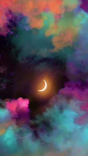 在夢幻般的夜空中，彎月穿過色彩繽紛的宇宙雲層閃耀。 — 唯美雲朵動態 壁紙