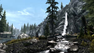 一個數位遊戲場景，瀑布流經岩石森林山谷。 — 天際 GIF 壁紙