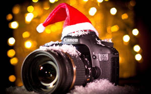 Canon 相機戴著被雪覆蓋的聖誕帽，背後有金色燈光。 — 聖誕節桌面 壁紙