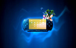 帶有花卉裝飾的 Sony PSP 遊戲裝置在藍光中發光。 — PlayStation GIF 壁紙