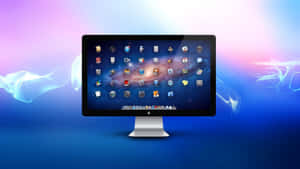 時尚的 iMac 電腦，帶有發光的應用程式圖標和宇宙背景，被藍色光漩渦包圍。 — 科技 壁紙