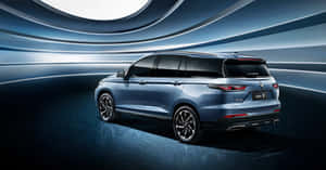 未來感隧道中的藍色SUV，帶有發光曲線和星光地板。 — 酷車 壁紙