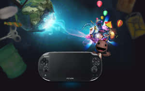 黑色PS Vita主機被漂浮的遊戲物品和發光的地球包圍。 — PlayStation GIF 壁紙