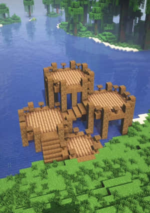 草地岸邊的藍色湖泊旁，有森林覆蓋的島嶼，一座木製Minecraft房屋。 — iPad Pro M4 壁紙