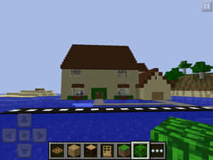 水上的Minecraft房屋，像素方塊和遊戲介面可見。