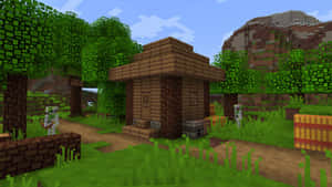 像素森林中的木製Minecraft小屋，附近站著一個骷髏。 — 型格 Minecraft 壁紙