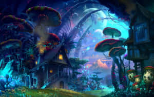 在星光暮色下，被巨大發光蘑菇環繞的奇幻小屋。 — 森林 壁紙