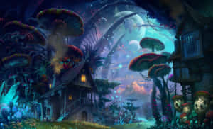在佈滿星星的外星天空下，被巨大發光蘑菇包圍的奇幻小屋。 — 插畫 壁紙