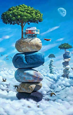 月光下的天空，一間房子長在從堆疊岩石中生長出來的樹上，漂浮在雲層之上。 — Honor Pad 20 Pro 壁紙