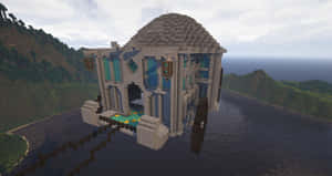 漂浮在水面上的Minecraft房屋，藍色窗戶，靠近綠色山丘。 — 霍格華茲 GIF 壁紙