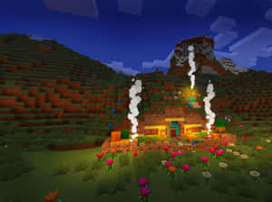 夜晚，一座Minecraft房屋的煙囪冒著煙，周圍環繞著五顏六色的花朵。 — 我的世界 壁紙