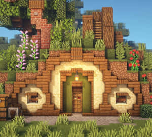 一間像素化的Minecraft房屋，帶有木門和石拱門，周圍環繞著綠植和花朵。