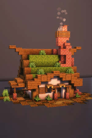 一間方塊狀的Minecraft房屋，帶有冒煙的煙囪和草屋頂。 — 城堡 壁紙