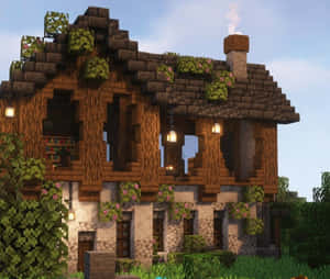 一間舒適的Minecraft房屋，有木樑、石頭地基，屋頂和牆壁上長滿粉紅色花朵。
