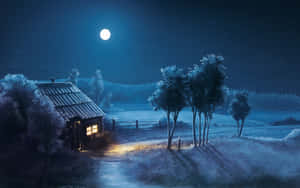 雪地中一間溫暖照明的小屋，在夜晚的滿月下。 — 月色夜空 壁紙