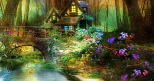 魔法森林中的舒適小屋，有石橋和色彩繽紛的花朵 — 森林 壁紙