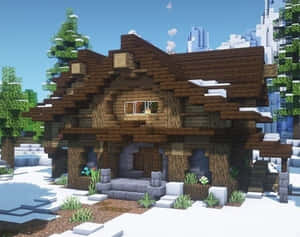 白雪皚皚的Minecraft小屋，木牆和石階梯，周圍環繞著樹木。 — 城堡 壁紙