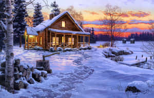 夕陽雪景中溫暖燈光的舒適小屋。 — 冬日美學 壁紙