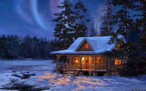 北極光下雪林中的舒適小屋 — 冬天 壁紙