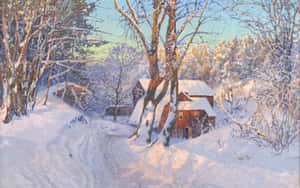雪地森林中的紅色小屋，光禿樹木和陽光 — 冬日美學 壁紙