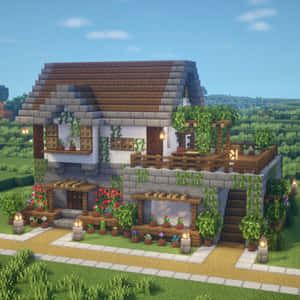 一間舒適的Minecraft房屋，擁有石牆、木質陽台和草地上色彩繽紛的花朵。