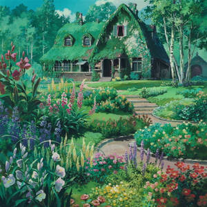 一間舒適的小屋，周圍環繞著鬱鬱蔥蔥的花園，開滿了鮮花和石徑。 — 花園牆外 壁紙