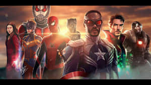 Marvel超級英雄在日落天空下擺出英勇姿勢。 — 復仇者聯盟 壁紙