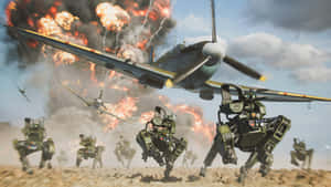 軍用飛機和機器人士兵在爆炸的混亂戰場上。 — 射擊 壁紙
