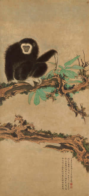 一隻白臉的黑長臂猿坐在傳統中國水墨畫中長滿綠葉的樹枝上。 — iPhone 14 壁紙