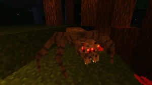 喺Minecraft夜晚森林中雙眼發出紅色光芒嘅巨型蜘蛛。 — 蜘蛛 壁紙
